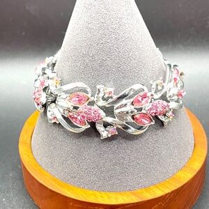 Vintage Pink Rhinestone Link Bracelet 7"